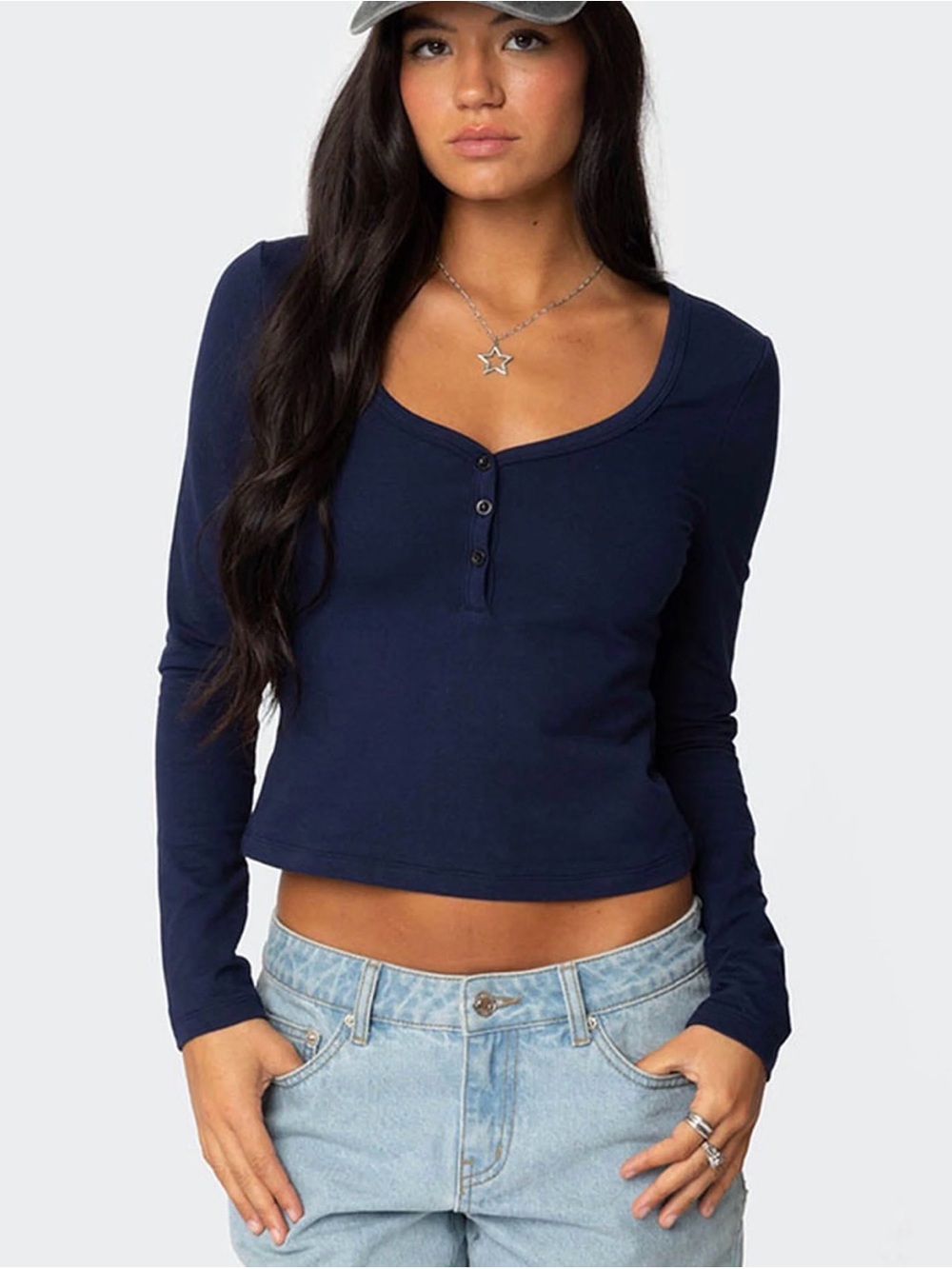 Edikted Long Sleeve Navy Top (S)